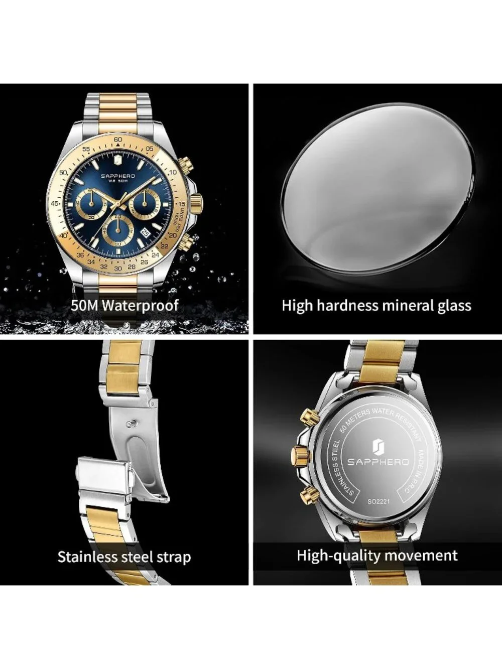 Men's Gold Silver Strap Blue Quartz Chronograph Stainless Steel Waterproof Watch
